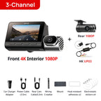 70mai T800 3-Channel HDR Car DVR Front 4K+Rear 4K/1080P+Interior 1080P Voice Control Super Capacitor GPS ADAS Support 4G Wifi 6