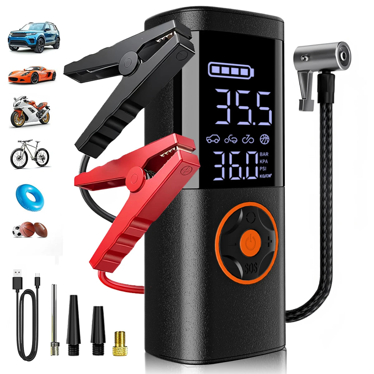 7-in-1 Multifunctional Portable Emergency Jump Starter with Inflator Inflatable Pump,Air Compressor for Car Motorcycle Bicycle