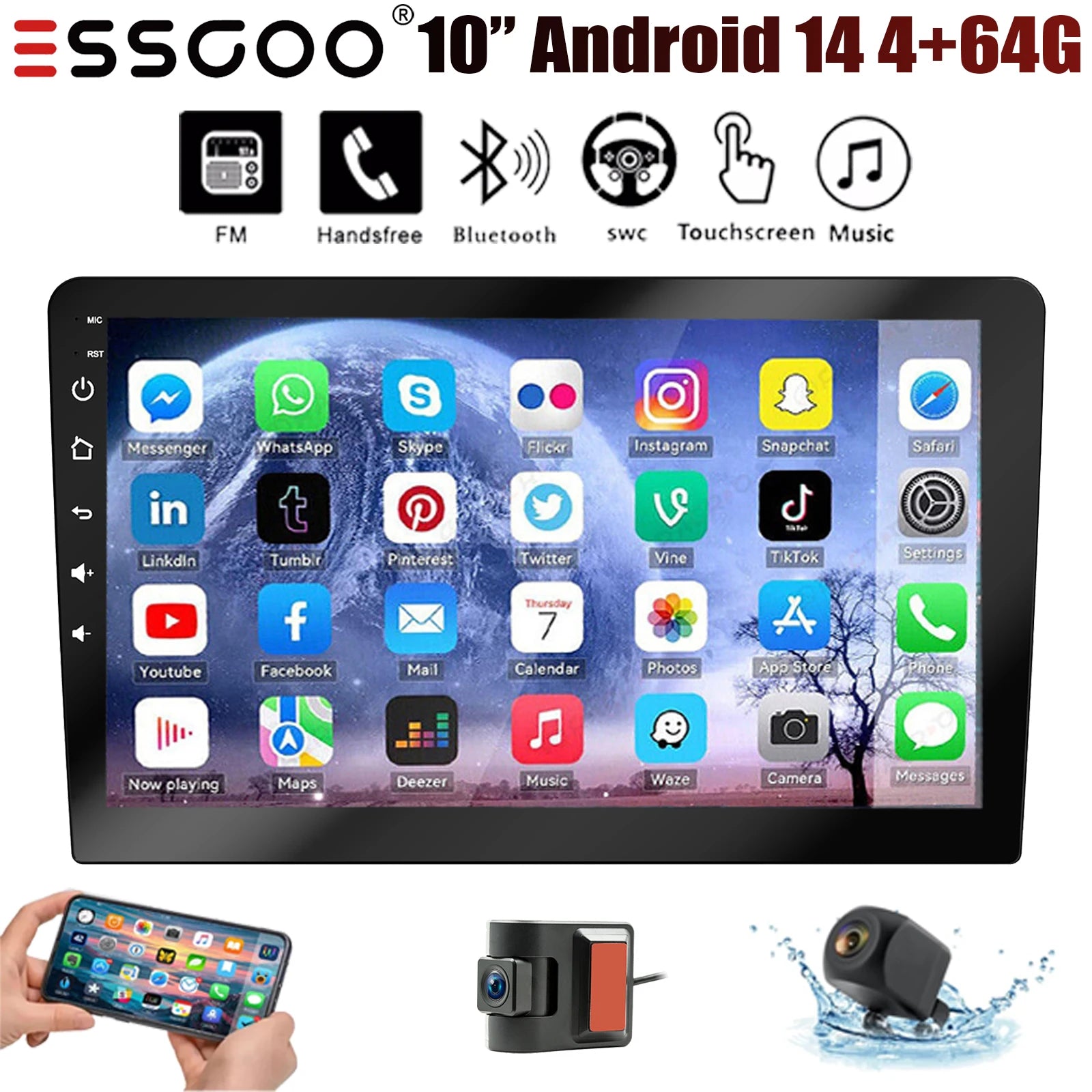ESSGOO 10.1" Android 14 Carplay Car GPS Radio Stereo Double 2Din Head Unit FM SWC Bluetooth 4+64GB IPS Split Touch Screen WiFi CM World