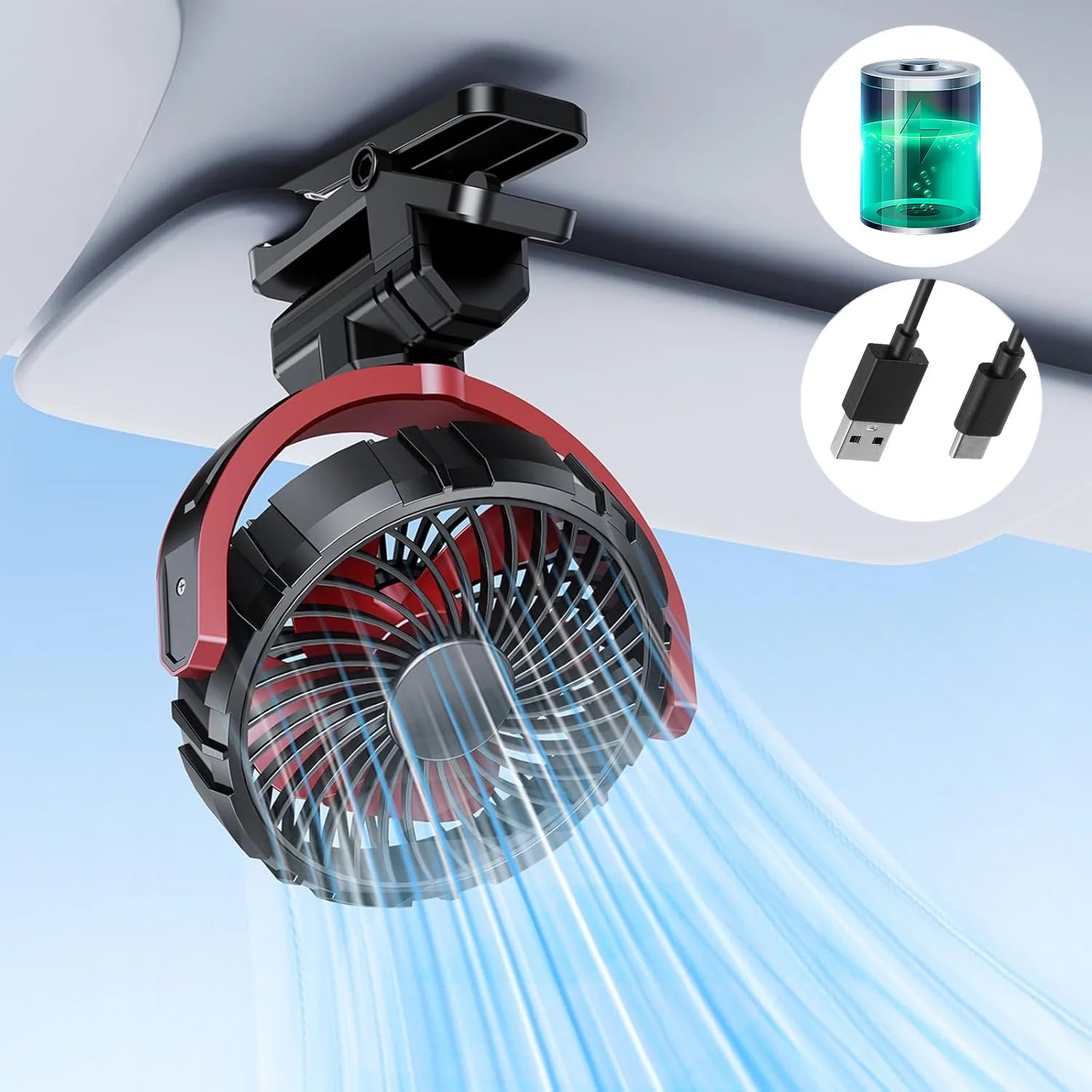 Eary Battery Powered Car Fan 2000mAh Clip On Fan for Car Visor Quiet 360° Rotate Usb Rechargeable for SUV Van Truck Accessories CM World