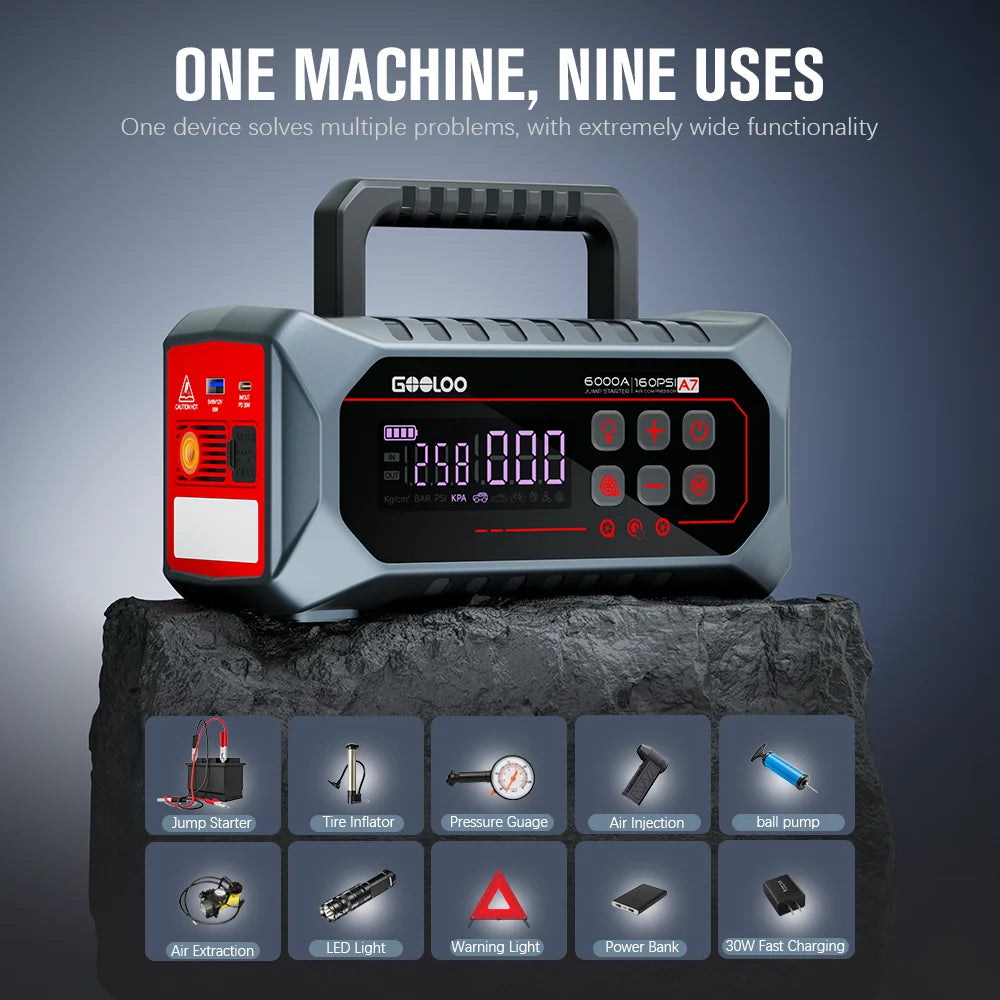 GOOLOO A7 Car Jump Starter with Air Compressor, 6000A & 160PSI Emergency Starter, 12V Supersafe Battery Booster with Tire Inflator & Pump (Inflate/Deflate) for All Gas & Up to 10.0L Diesel Engines