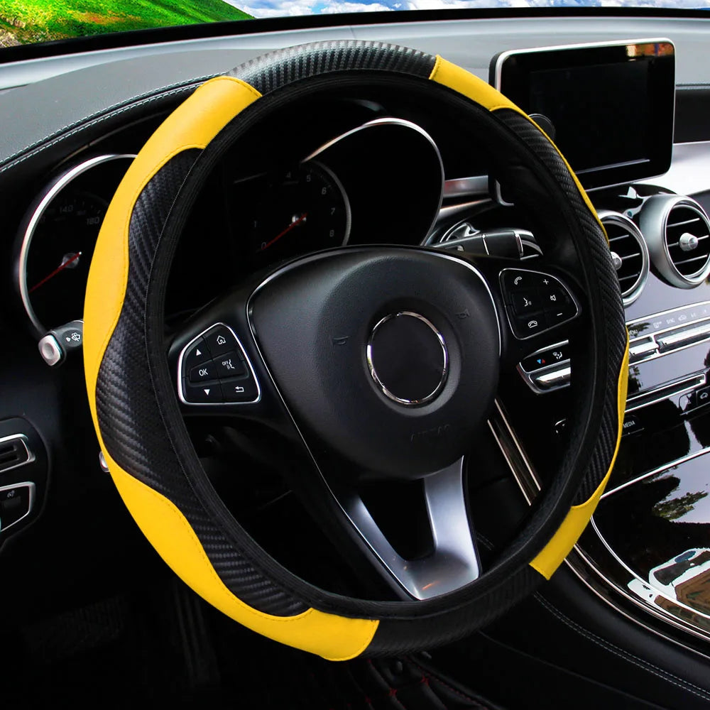PU Carbon Fiber Leather Car Steering Wheel Cover without Inner Ring Suitable for 14.5-15 Inches of Automotive Supplies CM World