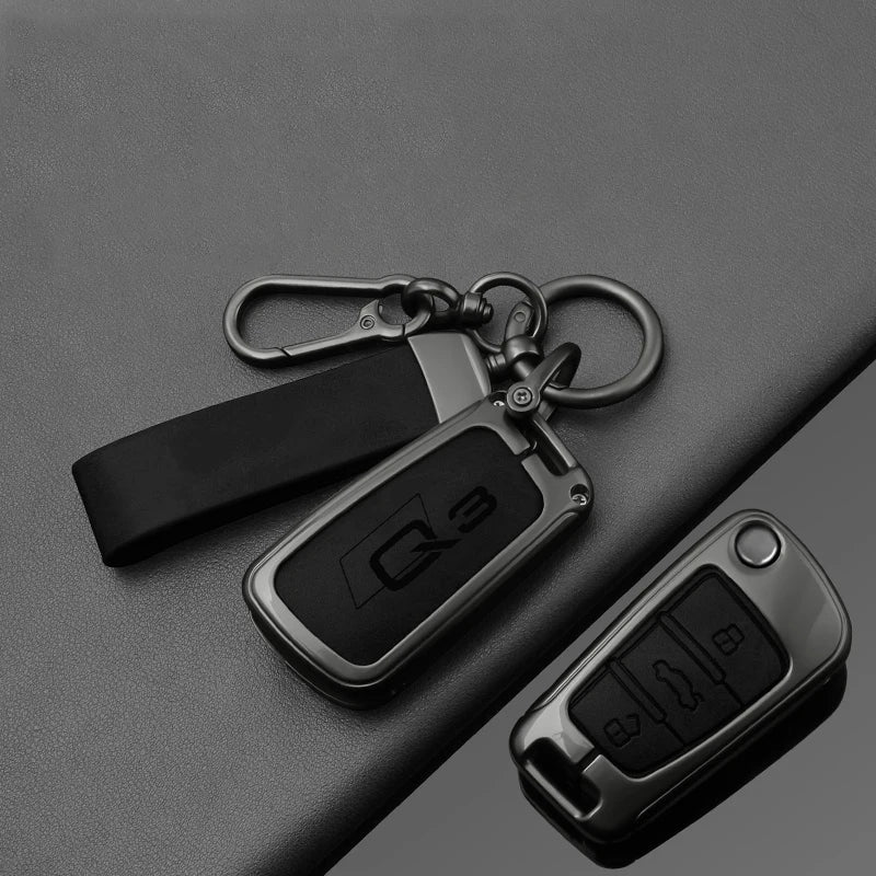 Alloy Leather Car Folding Key Case Cover Shell Holder for Audi Q3 8u f3 S Line Protection Key Cover Keychain Car Accessories