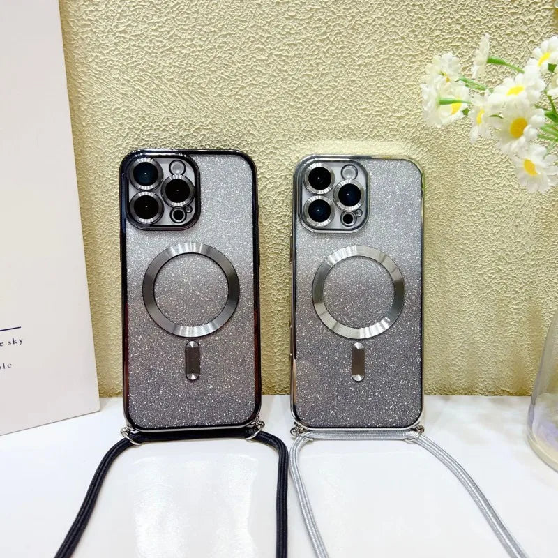Magnetic For iPhone 17 Pro Max Case 16 14 13 12 11 15 Plus 17Air Glitter Magsafe Clear Plating Strap Crossbody Lanyard Cover Car Mobile World