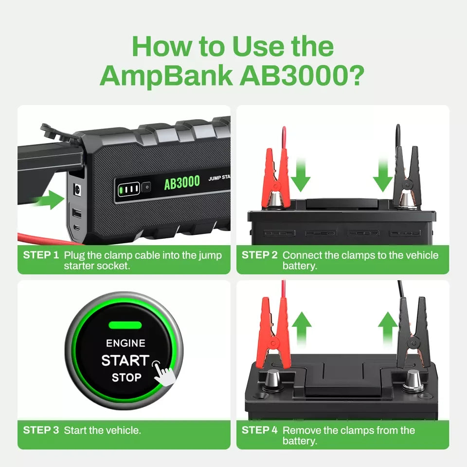 AMPBANK AB3000 12V Car Jump Starter Battery Charger Power Bank Portable 3000A Auto Booster Pack