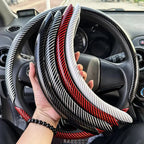 3PCS Laser Carbon Fiber Silicone Car Steering Wheel Cover 1K Micro Fiber Leather PVC Wheel Booster Cover Non-Slip Universal CM World