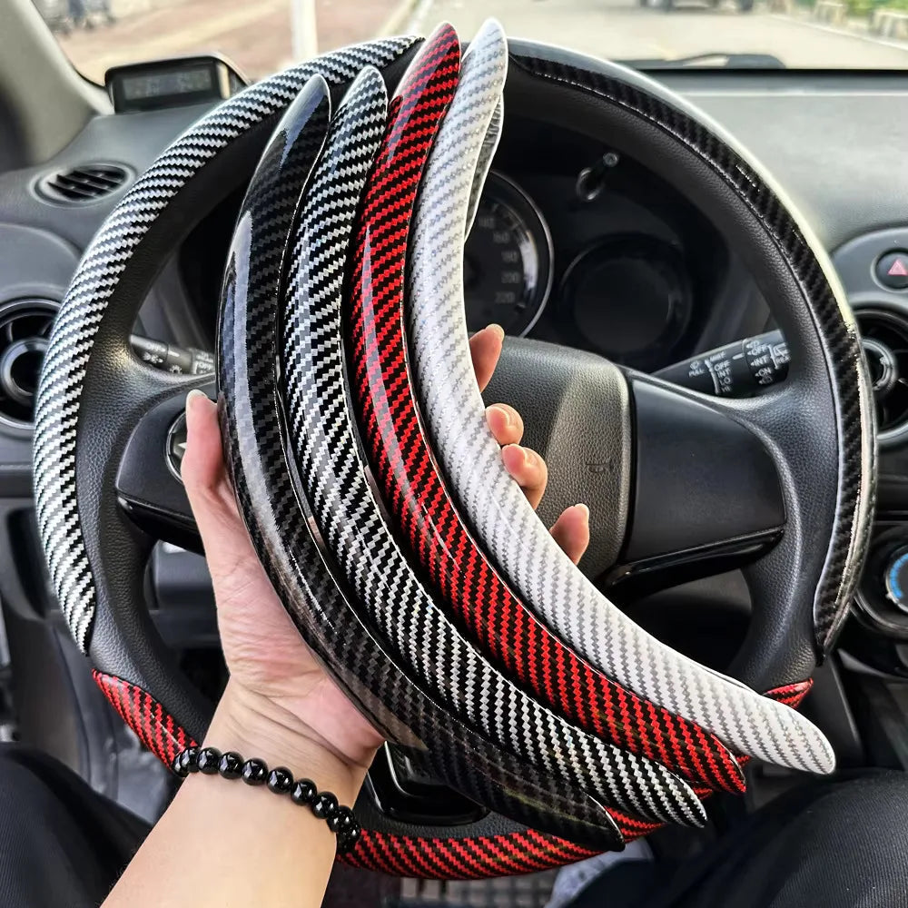 3PCS Laser Carbon Fiber Silicone Car Steering Wheel Cover 1K Micro Fiber Leather PVC Wheel Booster Cover Non-Slip Universal CM World