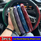 3PCS Carbon Fiber Car Round Steering Wheel Cover Non-Slip Steering Cover Protector Anti Dust Washable Interior Auto Accessories CM World
