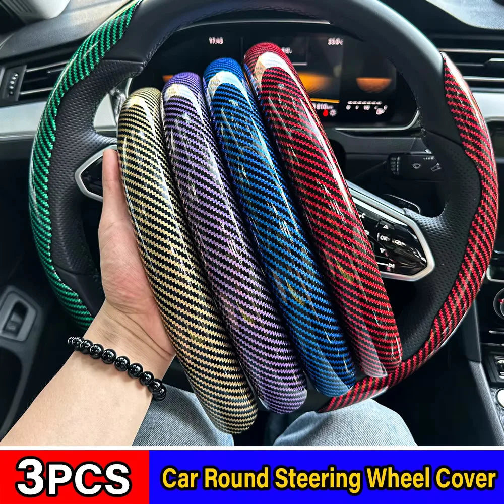 3PCS Carbon Fiber Car Round Steering Wheel Cover Non-Slip Steering Cover Protector Anti Dust Washable Interior Auto Accessories CM World
