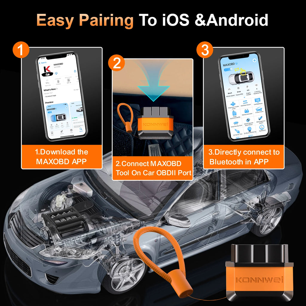 KONNWEI Car OBD2 Diagnostic Tool Bluetooth Connection MAXOBD App View Clear Engine Error Codes Car OBD2 Fault Scanning Tool Car Mobile World
