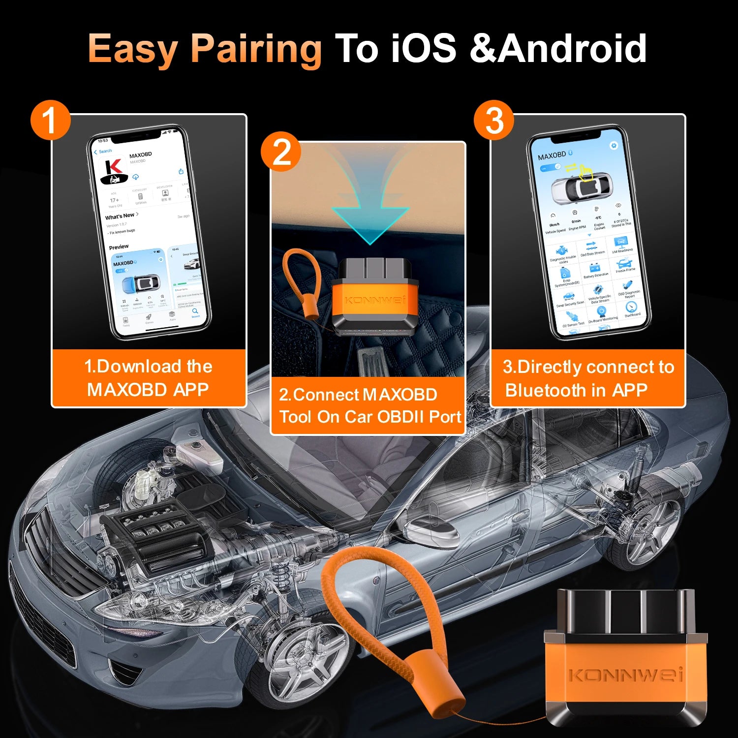 KONNWEI Car OBD2 Diagnostic Tool Bluetooth Connection MAXOBD App View Clear Engine Error Codes Car OBD2 Fault Scanning Tool Car Mobile World