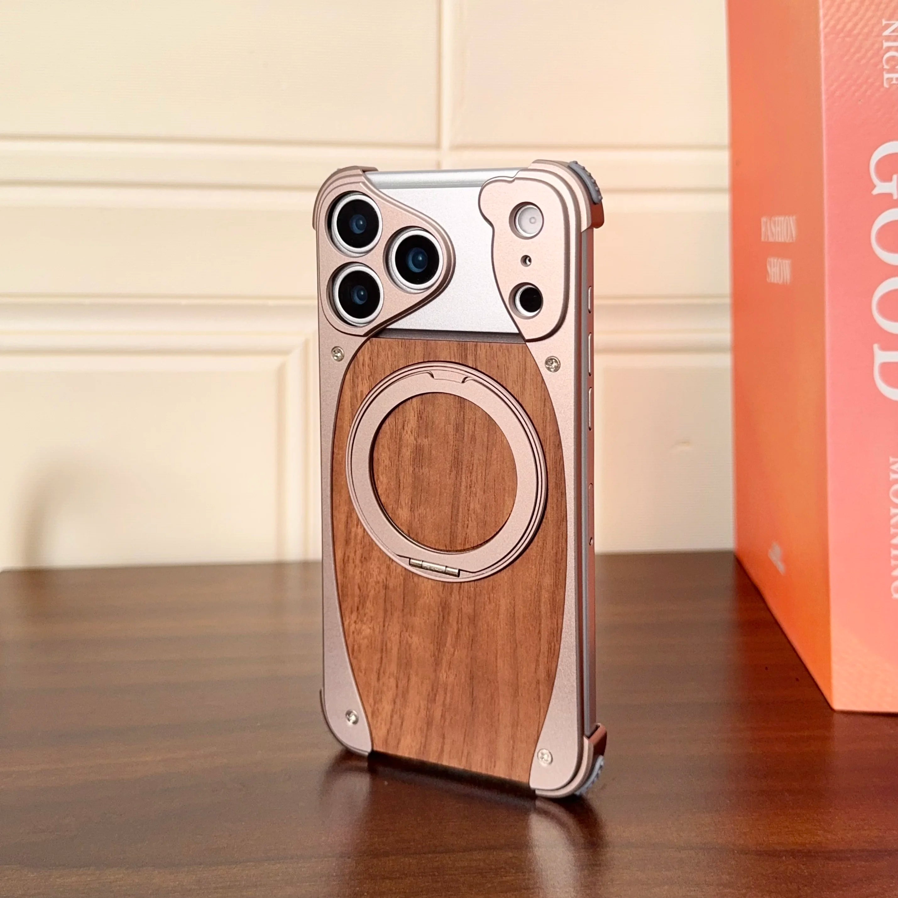 Luxury Metal Frame Walnut Wood Frameless Phone Case For iPhone 17 16 15 14 Pro Max Magsafe Magnetic 360 Rotating Bracket Cover Car Mobile World