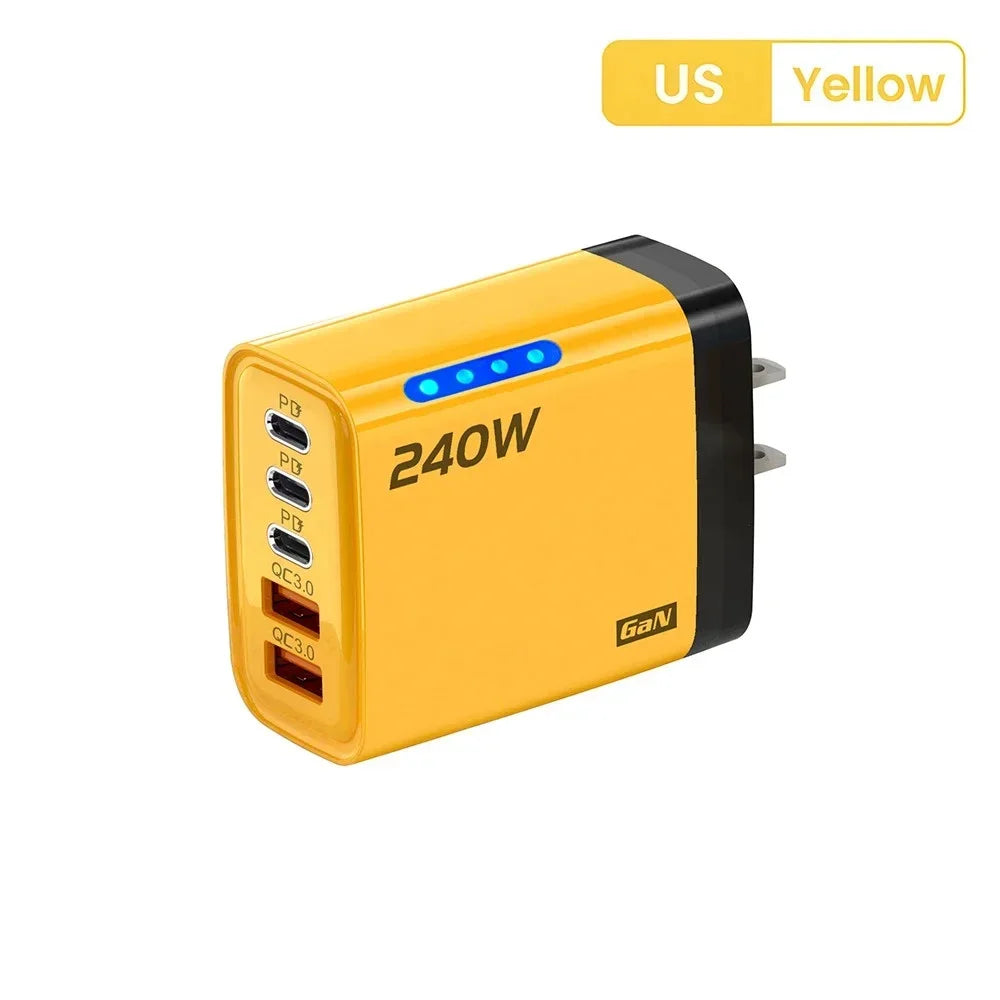 5 in 1 240W GaN Fast Charger With LED Light 2USB+3Type-C Multi Port Phone Charger for iPhone 16 15 pro Samsung Huawei Xiaomi 15 Car Mobile World
