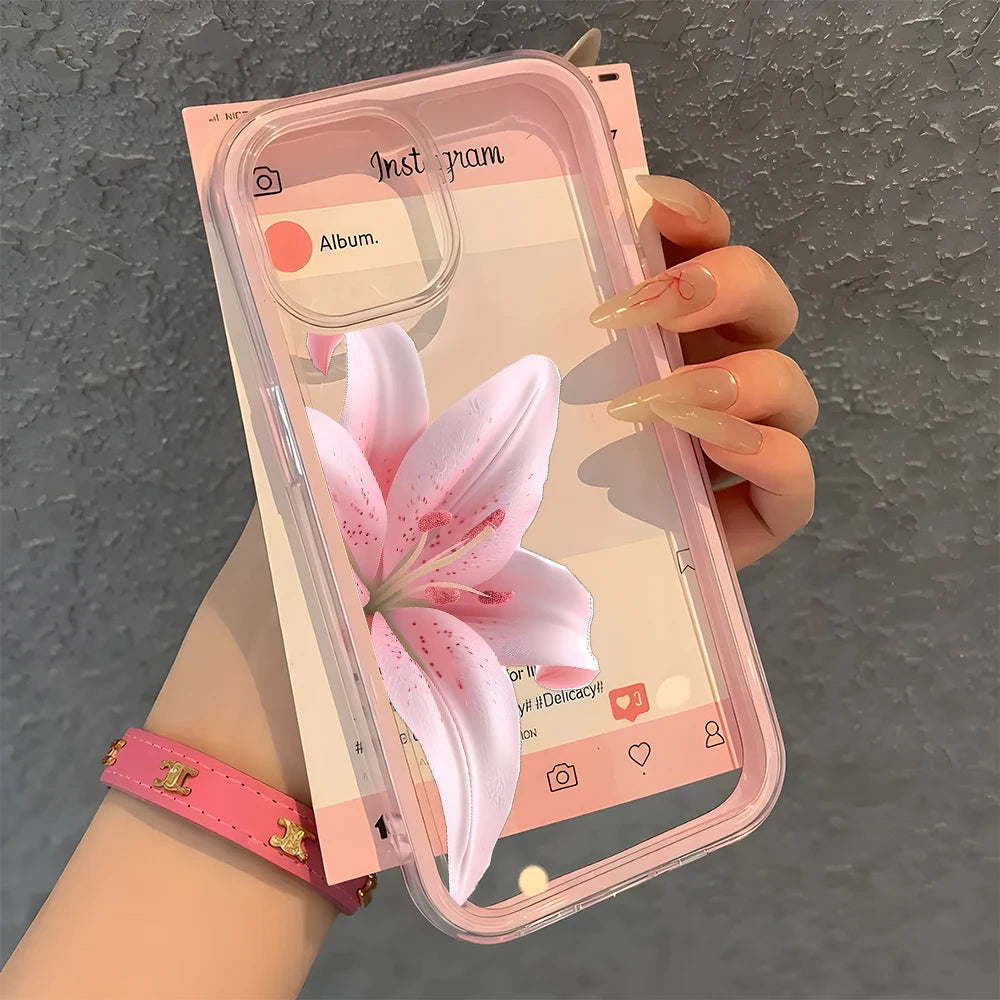 Romantic Pink Lily Clear Phone Case For iPhone 17 16 15 14 13 12 11 Pro Max 17 Air Plus 2 in 1 Candy Color Silicone Soft Cover