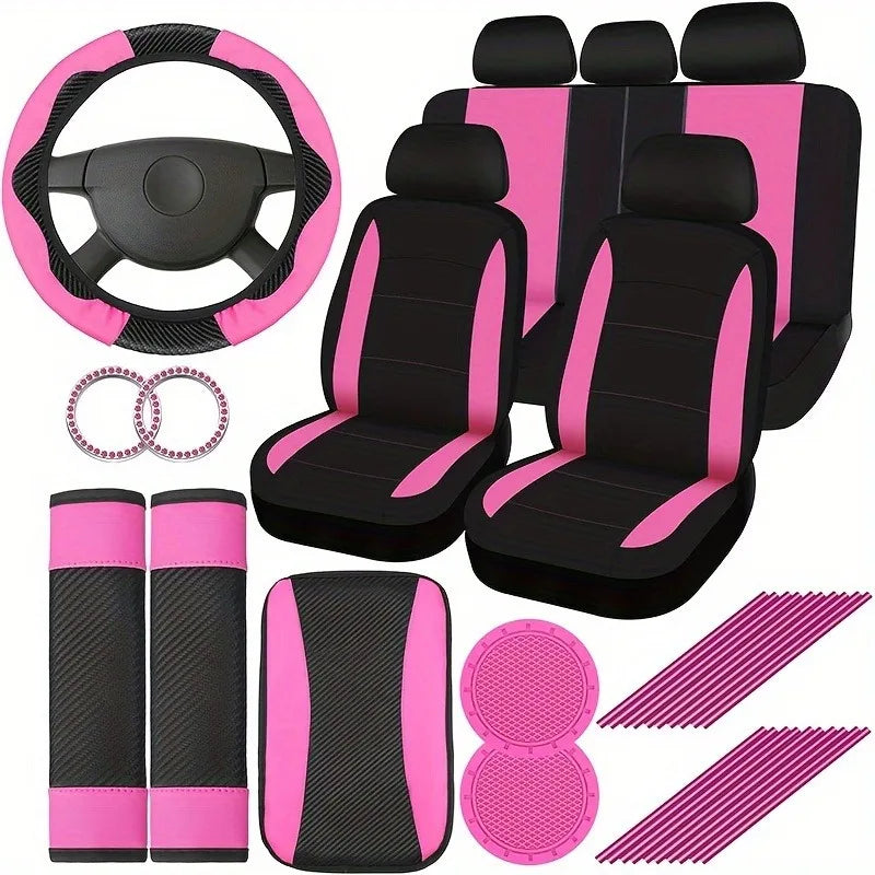 Women's Car Interior 37-Piece Set - Polyester Seat Covers, PU Steering Wheel Cover, Shoulder Pads, Decorative Strips  etc CM World