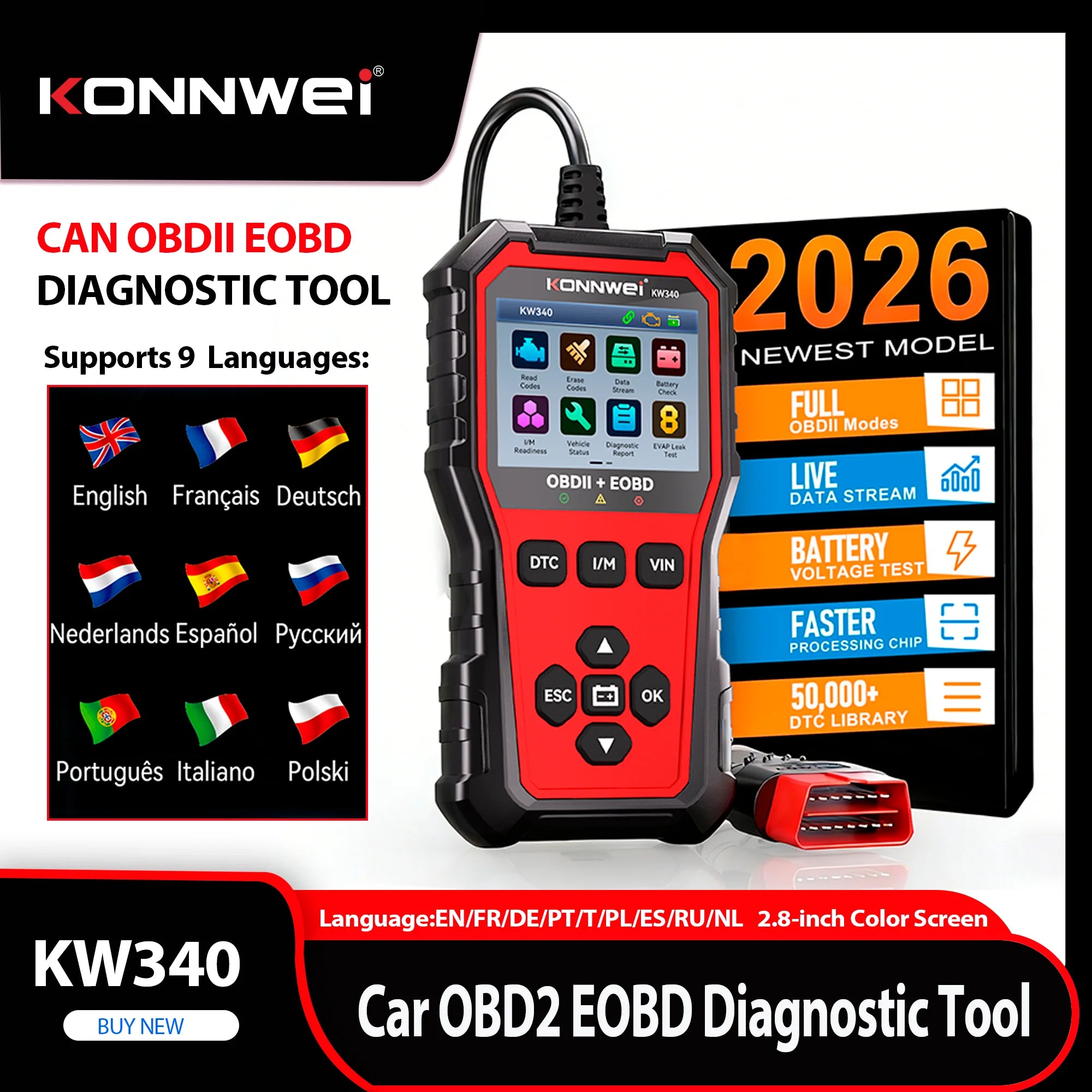 KONNWEI KW340 Car OBD2 Diagnostic Tool CAN EOBD 3in1 Engine Battery Test Read Clear Fault Code Real-Time Data O2 Inspection Tool CM World