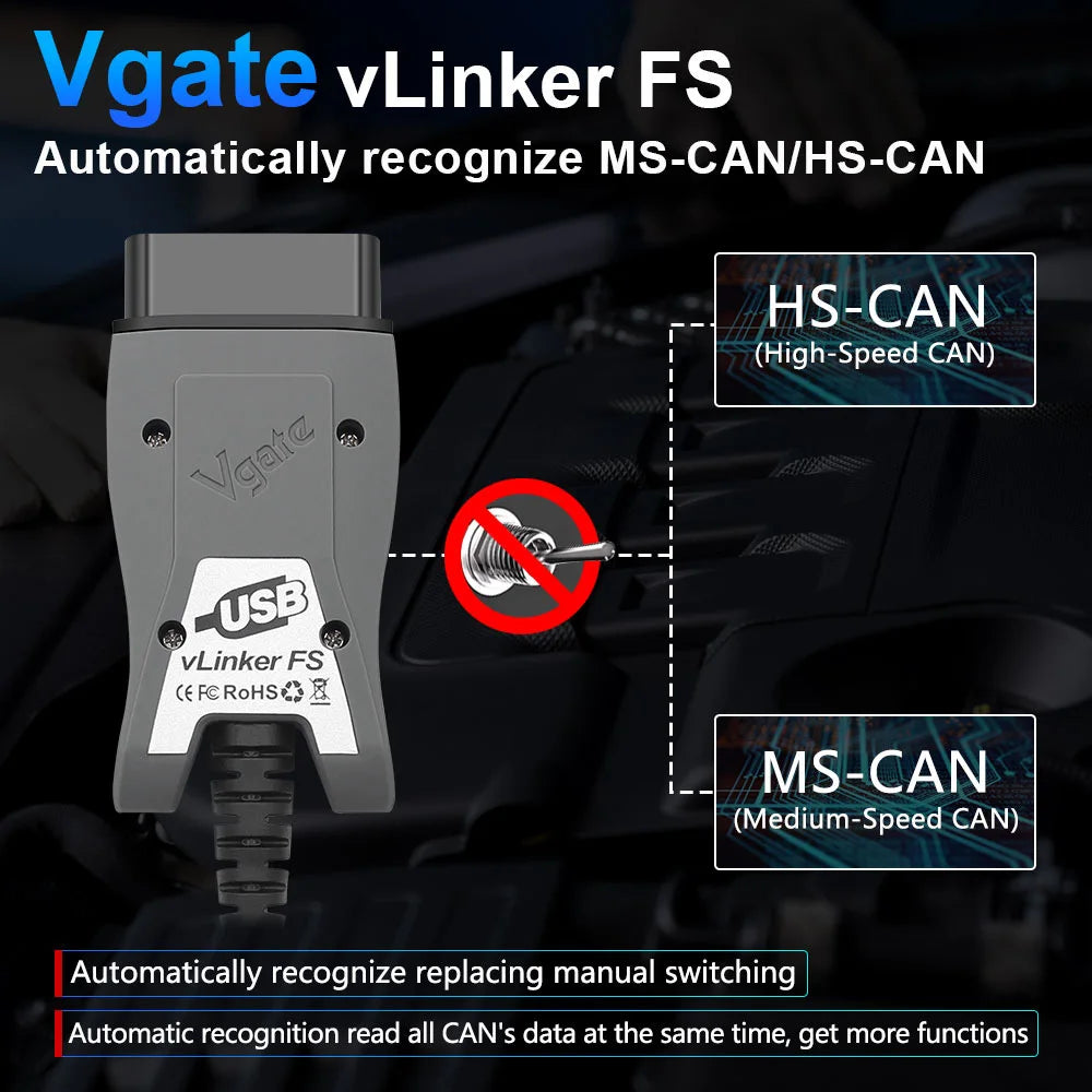 Vgate VLinker FS USB ELM327 HS-CAN MS-CAN For Ford FORScan OBD2 Car Diagnostic Tools OBDII Scanner