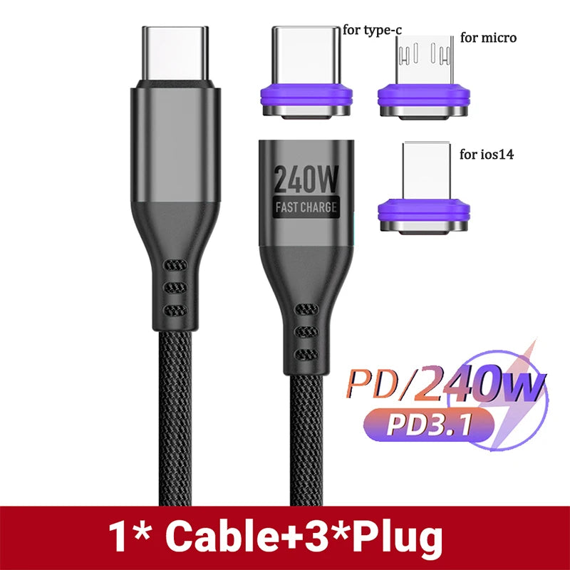 AUFU PD240W Magnetic Type C Cable For Macbook PC 5A Super Fast Charging Magnet USB-C Charger Data Cord For iPhone Samsung Xiaomi