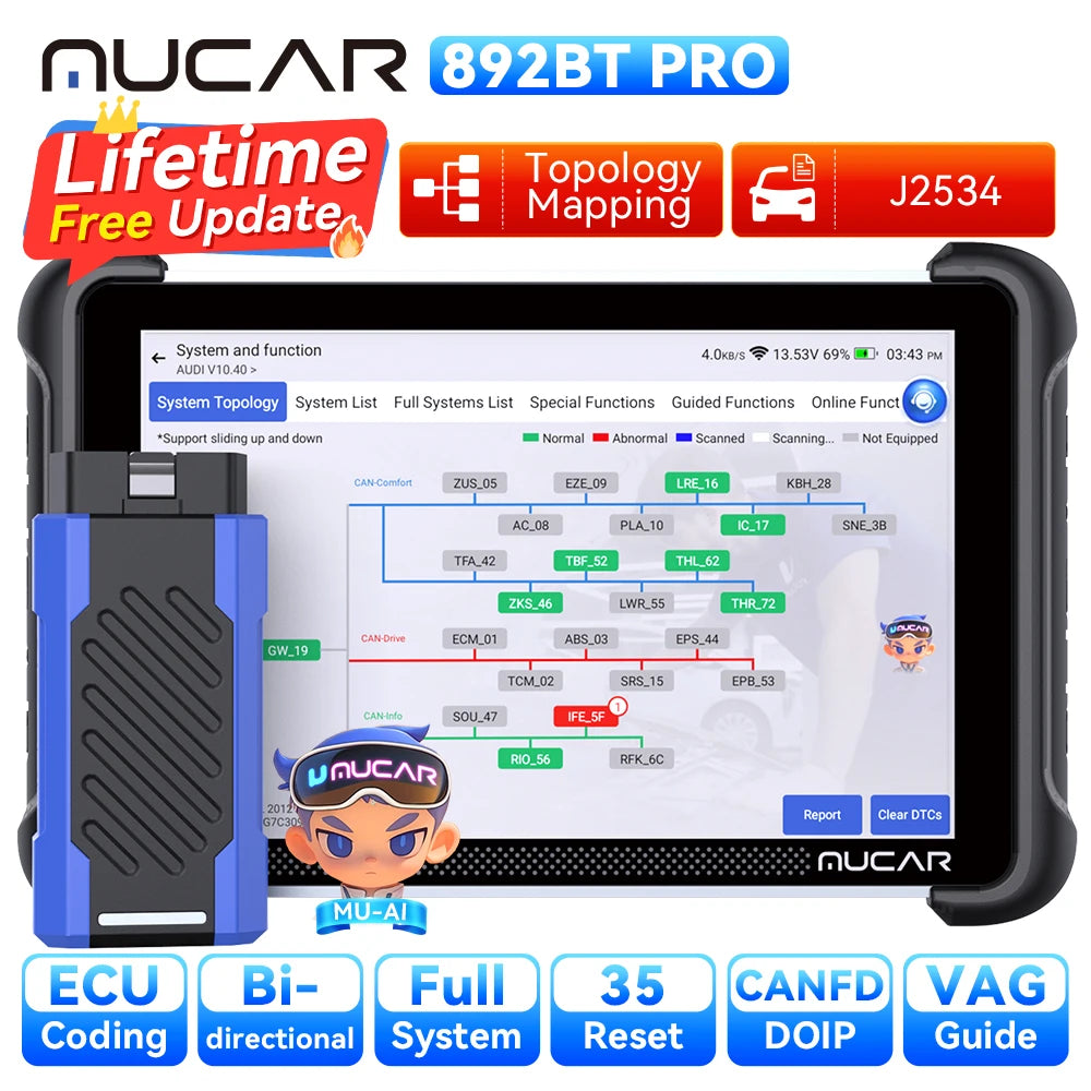 MUCAR 892BT PRO AI Key Programmer TKEY 101 Topology Automotive Diagnostic Tool J2534 Bidirectional Car Obd2 Scanner ECU Coding C