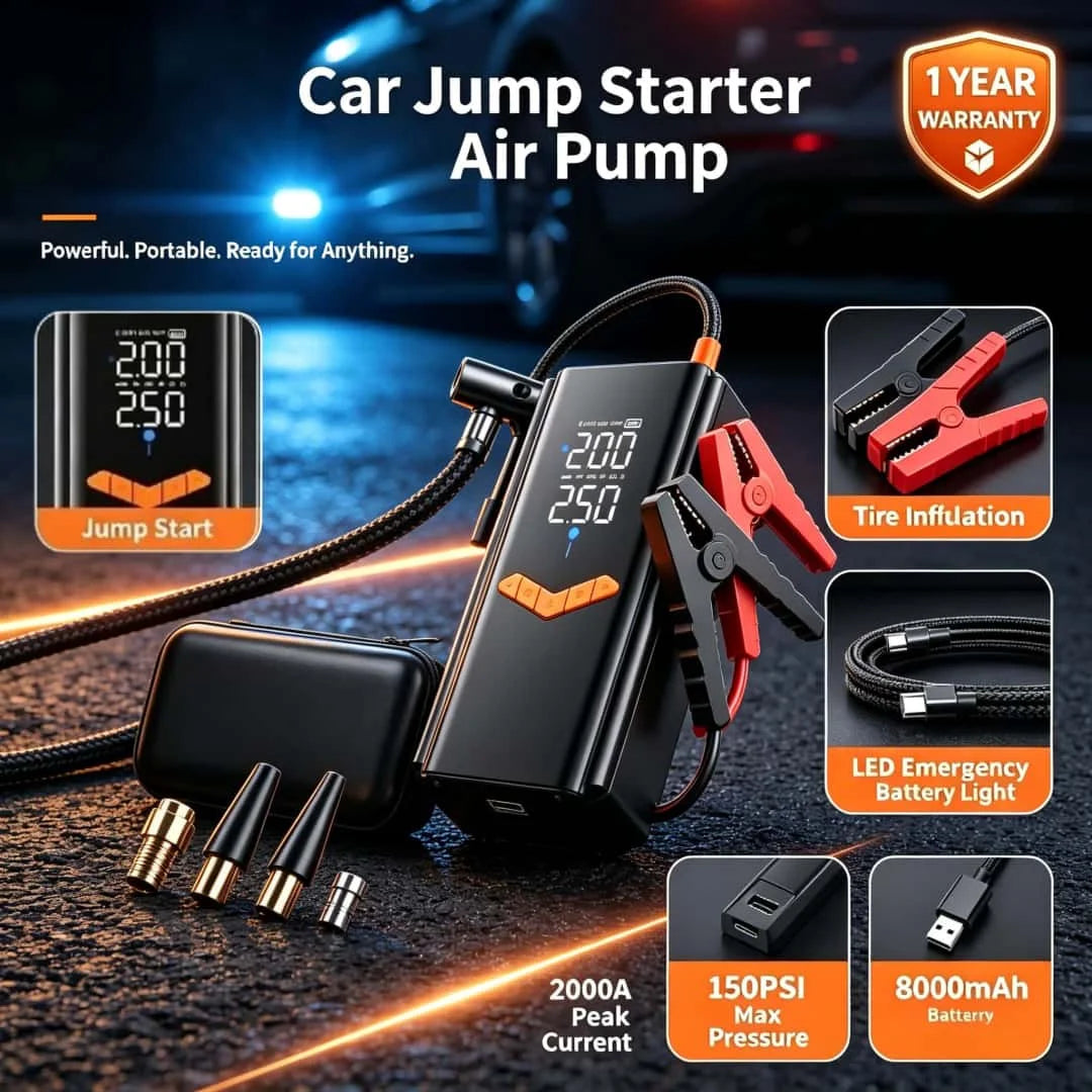 2026NEW 4-IN-1 Car Jump Starter With 150PSI Tire Inflator Air Pump Portable Car Battery Booster Power Bank For 12V Gas/Diesel