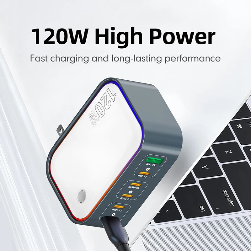 AIXXCO 120W GaN Fast Charger 6-Port USB-C PD QC3.0 Travel Charging Adapter for Laptops iPhone iPad Samsung