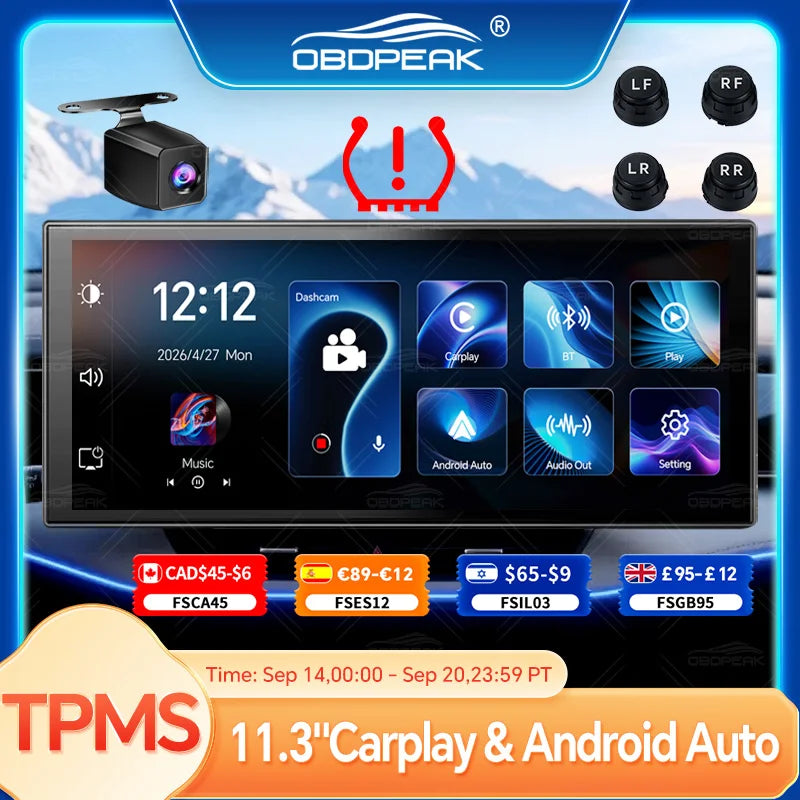 11.3" K5 Pro TPMS Sensors 4K Rear View Dash Cam Carplay & Android Auto WiFi AUX BT Car Drive Recorder GPS Navigation Dual Lens