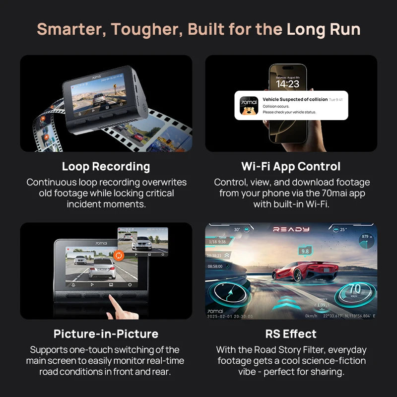 70mai 4K Dash Cam A810S STARVIS2 IMX678 Sensor Dual HDR Night Vision Buffered Rec Supercapacitor 512GB Voice Control Car Camera