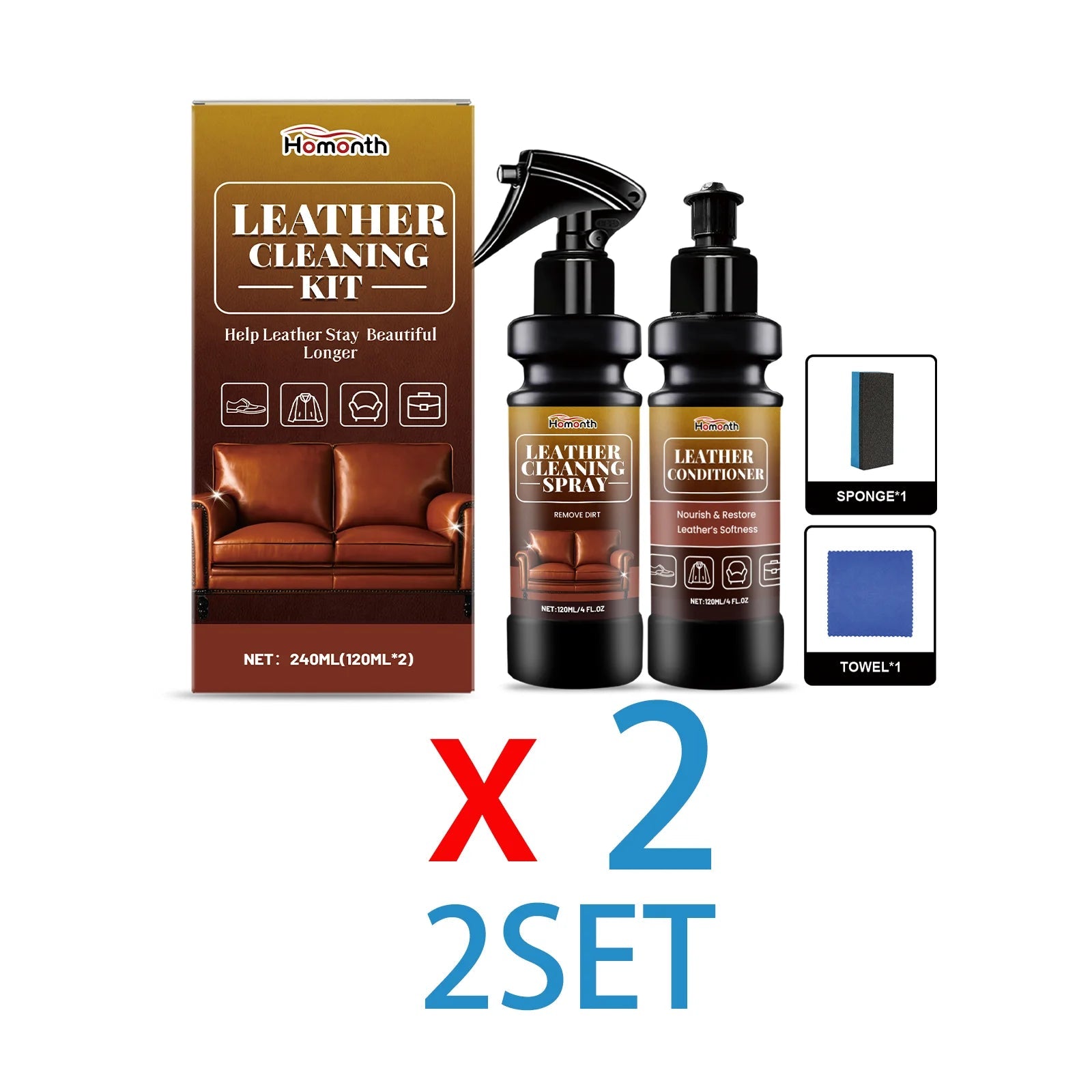 Leather Cleaner Conditioner Kit  Care Set Deep Spray Nourishing Cream Restores Softness Shine Prevents Cracking Includes Sponge CM World