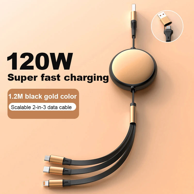 5A 120W 3 in 2 Fast USB C Cable for Huawei/Honor Retractable Portable Micro USB Type C Charger Cord For iPhone Samsung