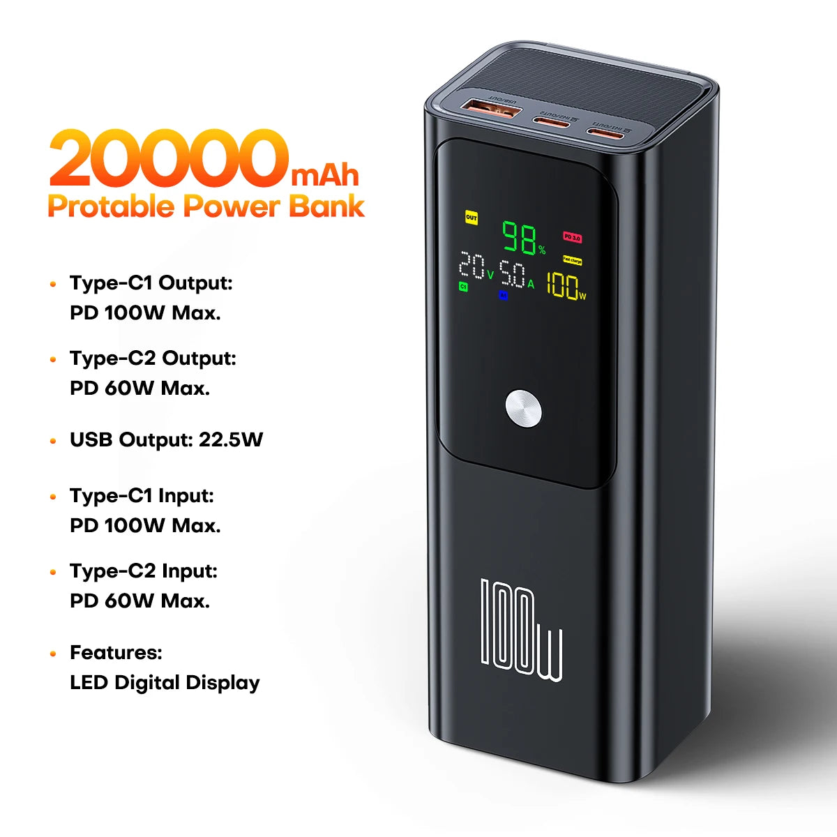 QOOVI PD 100W Power Bank 20000mAh External Battery Capacity Fast Charging Portable Charger Powerbank For Laptop iPhone Samsung Car Mobile World