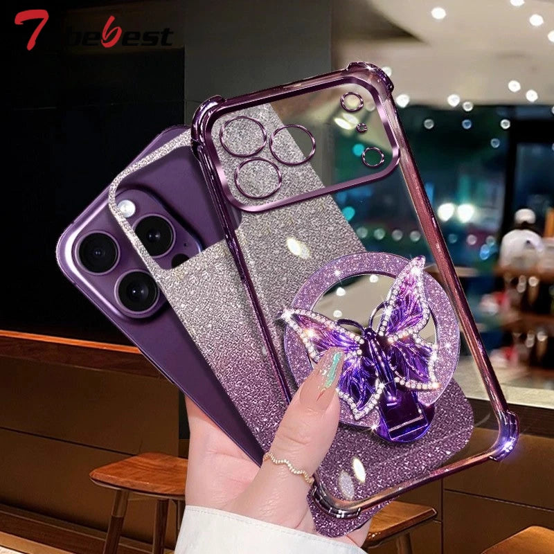 Glitter Butterfly Mirror Crystal Bracelet Case for IPhone 17 Air 16 16E 15 14 Plus 13 12 11 Pro XS Max XR X  Shockproof Cover