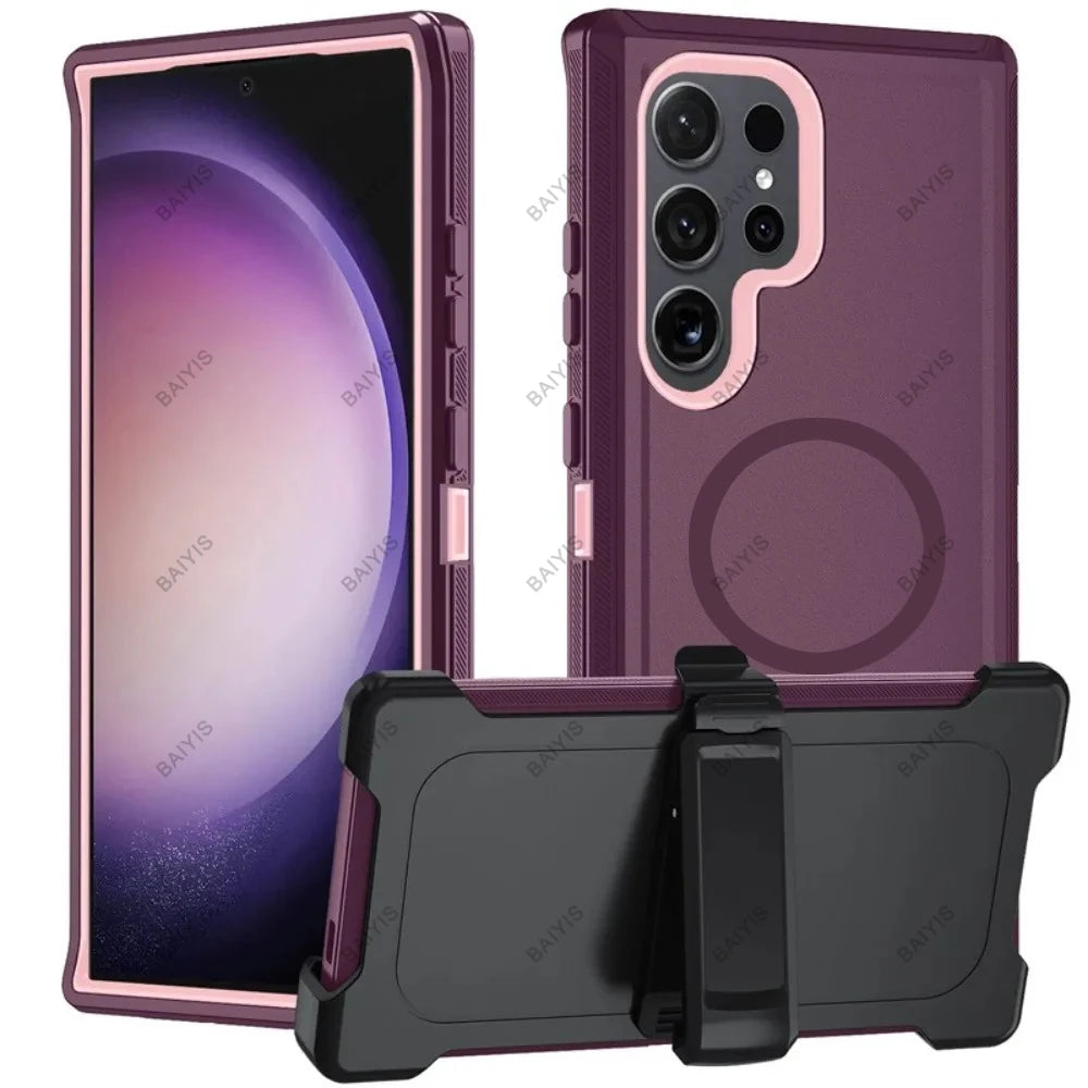 Military Armor OTT For Magsafe Charge Case For Samsung S26 Ultra S25 S24 S23 S22 Plus FE Edge Hard PC+TPU Clip Bracket  Cover Car Mobile World
