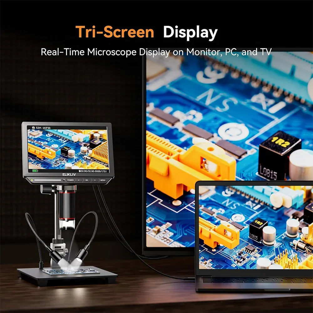 Elikliv EM4K 4K HDMI Digital Microscope for Electronics 8" 2000X Soldering Microscope for PCB Inspection Repair with 10" Stand CM World