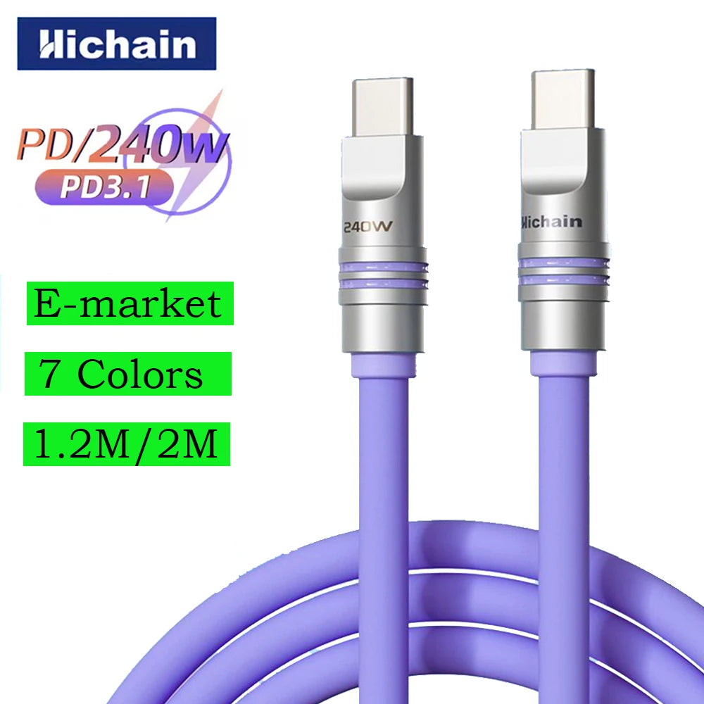 PD240W USB C To C Fast Charging Cable For iphone Laptop Tablets Liquid Silicone Soft Phone Charging Cable 480Mbps Data Transfer