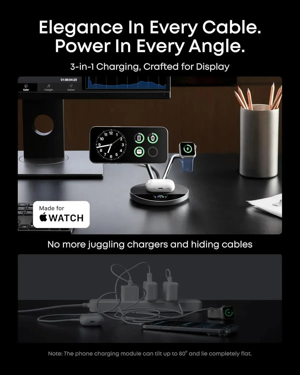 Anker Prime B25X7 3‑in‑1 Wireless Charging Station 25W Qi‑2 MagGo AirCool Dock Display Stand for iPhone Apple Watch AirPods Car Mobile World