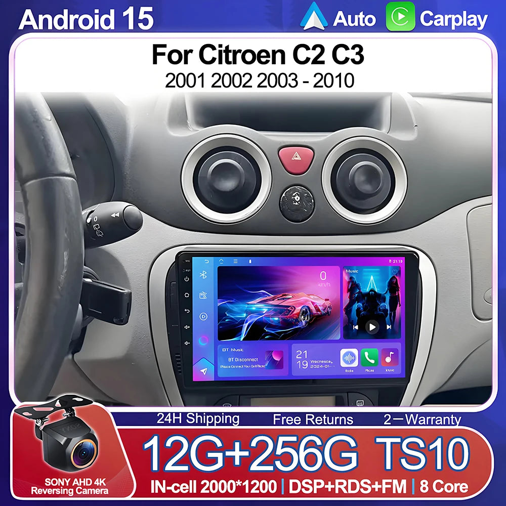 Android 15  Car Radio For Citroen C2 C3 2001 2002 2003 - 2010 Touch Screen Multimedia Video Player Navigation Bluetooth WIFI GPS CM World