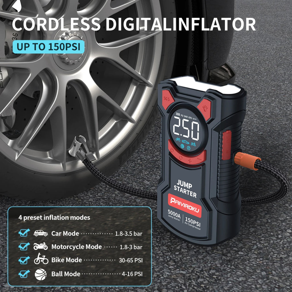 PAIVIROKU 5-in-1 Jump Starter with Air Pump 5000APeak Starter 150PSI Digital Tire Inflator Car Battery Jump Starter Power Bank