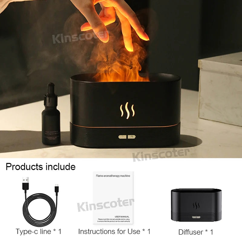 USB Desktop Flame Aroma Diffuser Humidifier 7 Colors Simulation Light Aromatherapy Air Purifier for Bedroom/Essential oil set CM World
