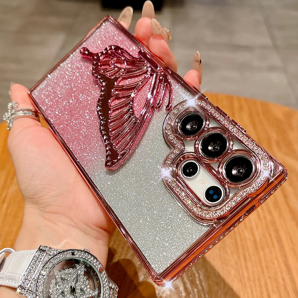 Jewelled Glitter Bling Butterfly Stand Holder Case For Samsung S25 Edge S24 S23 S26 Ultra S22 Plus A73 A54 A16 Shockproof Cover Car Mobile World