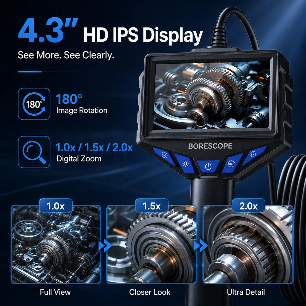 1080P HD Industrial Endoscope Camera with 4.3' IPS Screen 8mm Waterproof Borescope for Car Engine Sewer Pipe Inspection