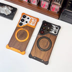 Aluminum Metal Frame Wood Back Case For Samsung Galaxy S26 Ultra S25 S24 S23 S22 Ultra 360° Magnetic Holder Wireless Charging