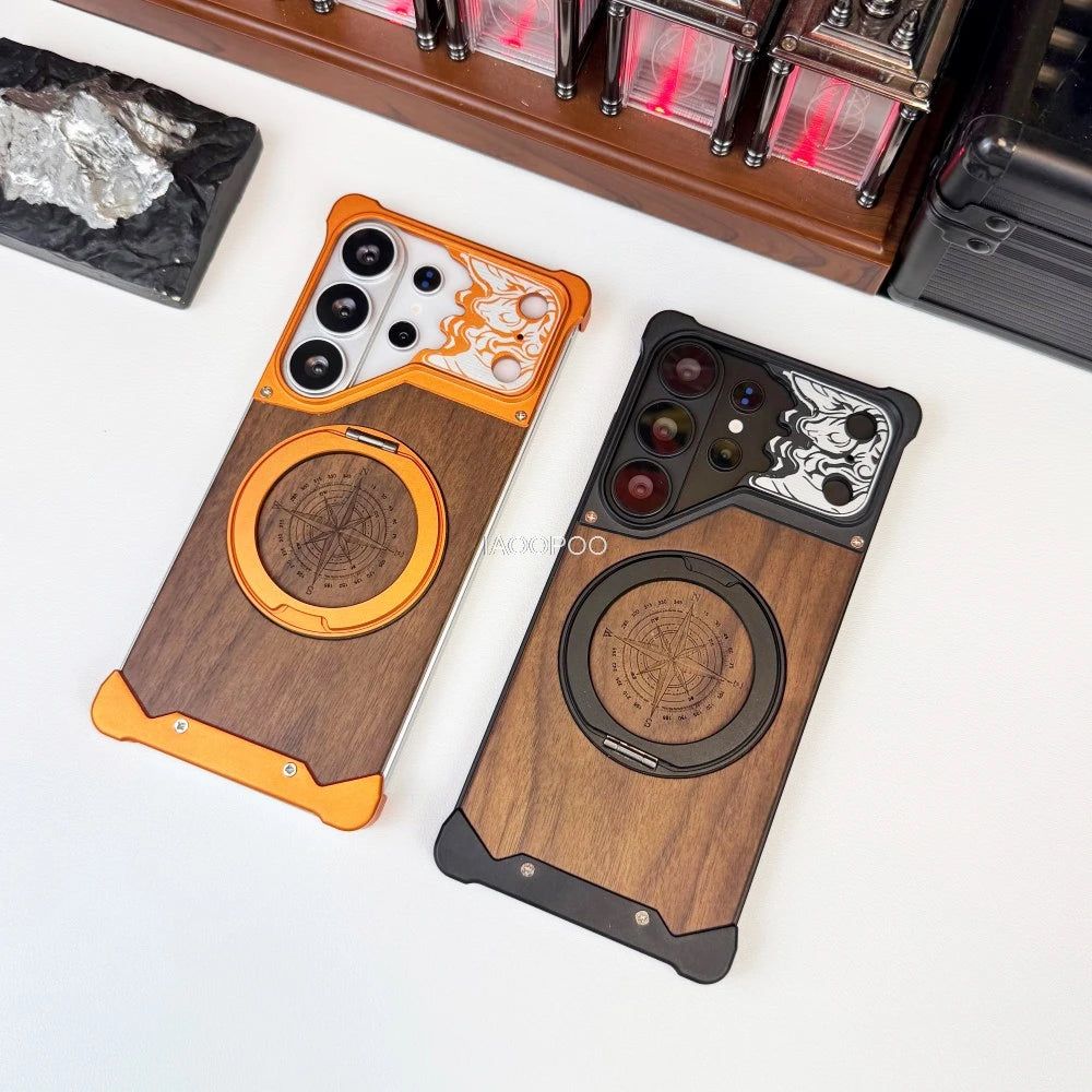 Aluminum Metal Frame Wood Back Case For Samsung Galaxy S26 Ultra S25 S24 S23 S22 Ultra 360° Magnetic Holder Wireless Charging