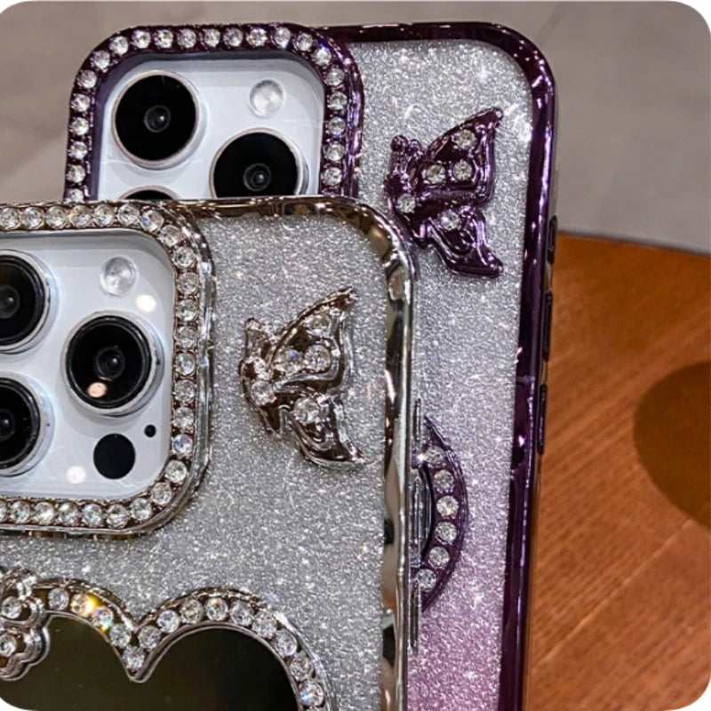 For iPhone 16 Pro Max Luxury Flash Glitter Butterfly Love Mirror Plating Frame Phone Case For iPhone 13 14 15 Plus 17 Air Cover