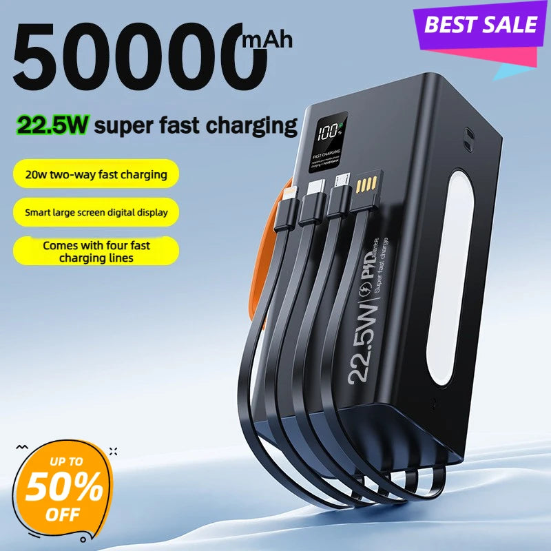 50000mAh Power Bank 22.5W Fast Charging Portable Charger Built-in Cable External Battery Pack PD USB C LED Display Powerbank