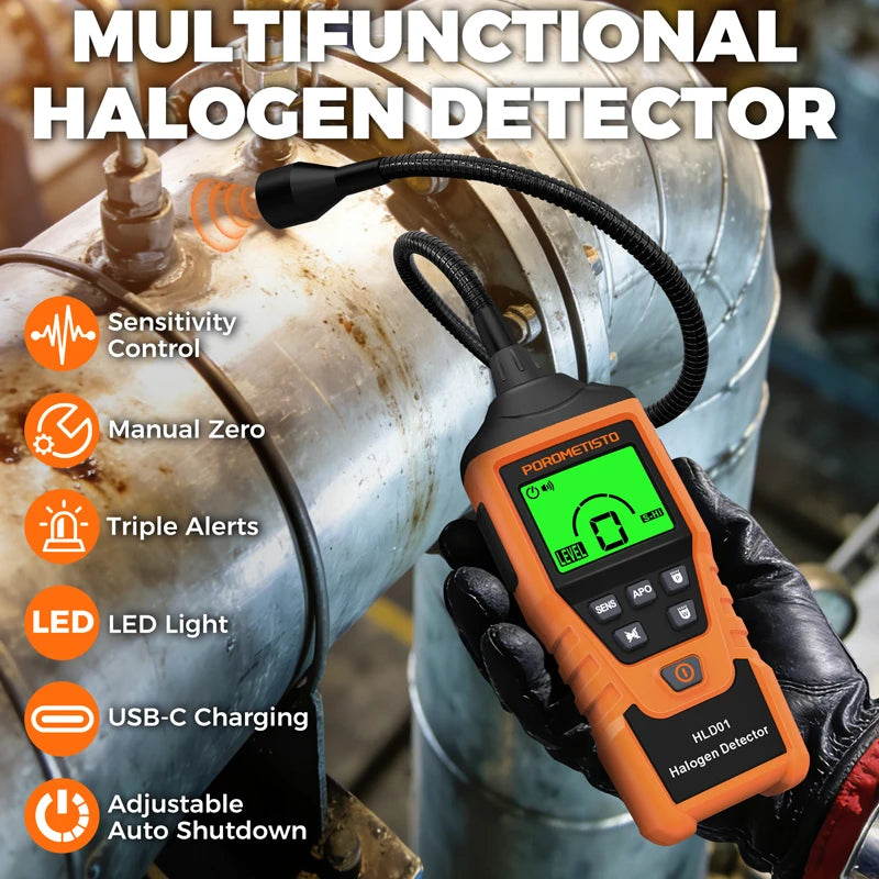POROMETISTO HLD01 Halogen Gas Leak Detector Level/Audio/Visual Alarms LED Light R134a R22 R12 High Sensitivity Gas Sensor Test CM World