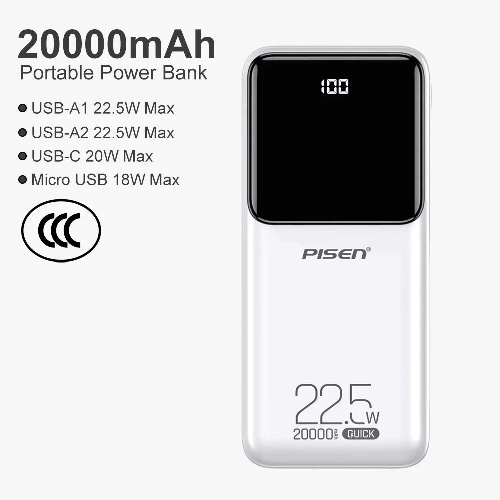 PISEN 20000mAh PD 20W Quick Power Bank SCP 22.5W Portable CCC Powerbank Fast Charging External Battery For Huawei iPhone Xiaomi Car Mobile World