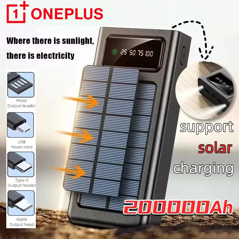 ONEPLUS 200000mAh Solar Power Bank Ultra Capacity USB Super Fast Charging USB  For iPhone Samsung Xiaomi Huawei Outdoor Power Car Mobile World