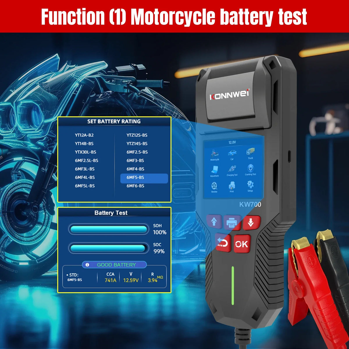 2026 KONNWEI KW700 12V 24V Car Battery Tester 10-2000CCA Battery Test SOH SOC Ripple Analysis Built-in Printer Car Battery Tool