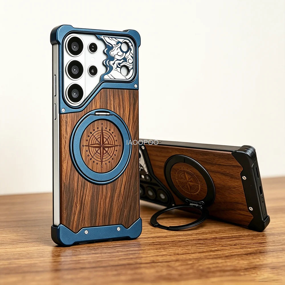 Aluminum Metal Frame Wood Back Case For Samsung Galaxy S26 Ultra S25 S24 S23 S22 Ultra 360° Magnetic Holder Wireless Charging