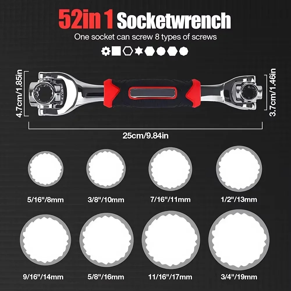 52-in-1 Multi-Functional Socket Wrench Set 360 Degree Rotating Dog Bone Design Universal Spline Wrench 8-19mm Heavy Duty Professional Hand Tool for Car Auto Repair Bicycle Motorcycle Maintenance Garage Workshop
